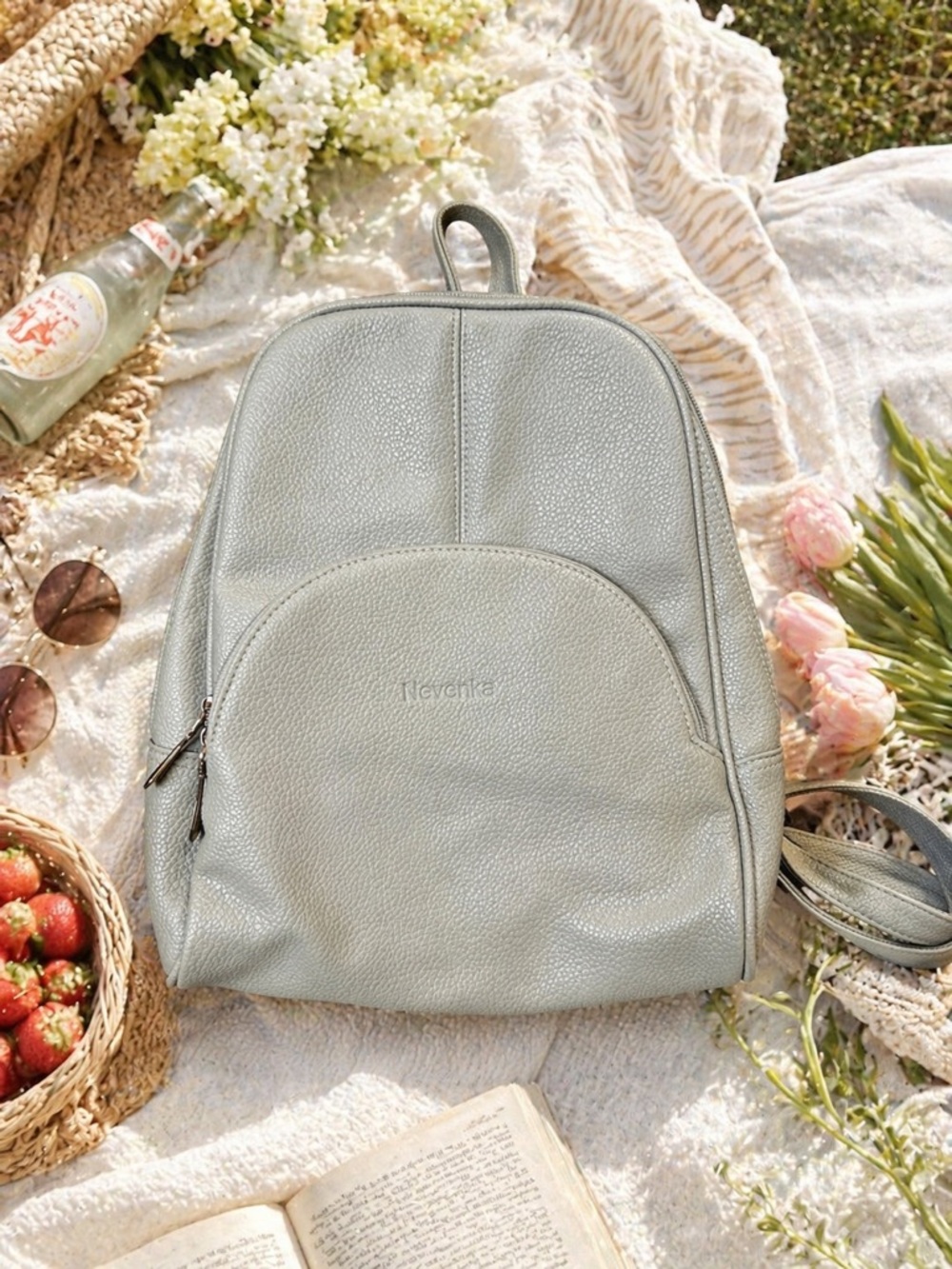 Nevenka Pebbled Faux Leather Backpack Light Blue Gray Mid Size Everyday Casual